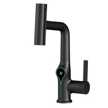 Waterfall Temperature Digital Display Basin Faucet Lift Down Stream Hot Cold Water Sink Mixer Tap for Bathroom Black