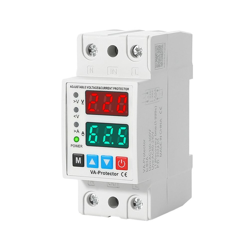 63A Ac130-300V Din Rail Dual Display Adjustable Over Voltage Current And Under Voltage Protective Device Protector Relay 6032657395011