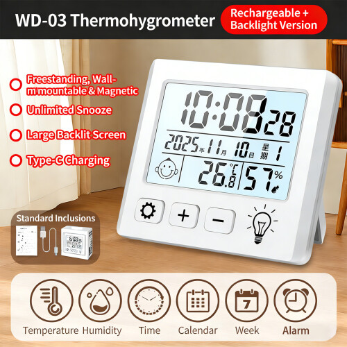 Thermometers Hygrometer with Time Date Display Magnetic Desktop 2