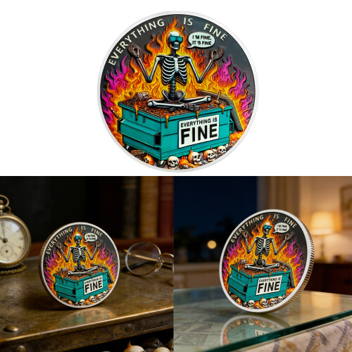 Metal Skull Dumpster Fire Challenge Coin om teamgeest en 1