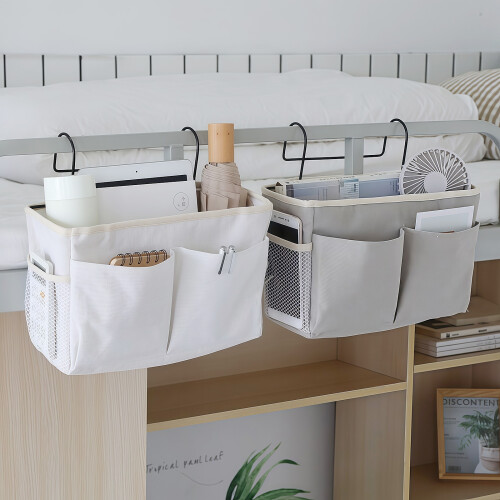 Multiple Pocket Bedside Organizers Cotton Fabric Basket-White 1