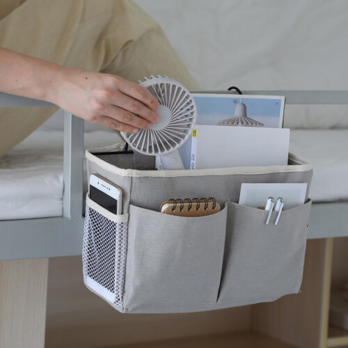 Multiple Pocket Bedside Organizers Cotton Fabric Basket-White 2