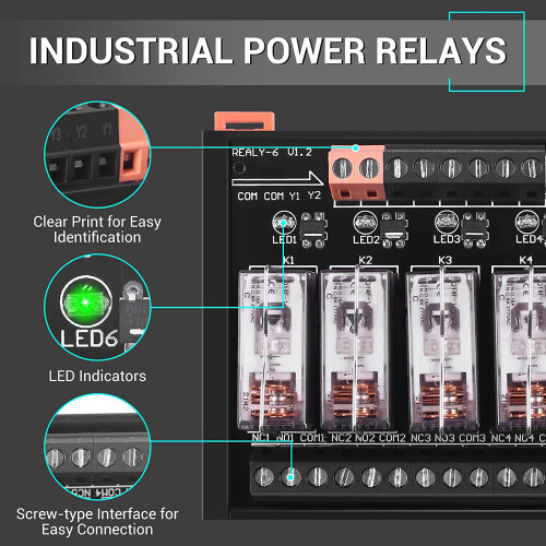 24V Relay Module, 6 Channel SPDT  Module with Isolated Optocoupler DIN Rail Mount Pluggable Power Relay Module