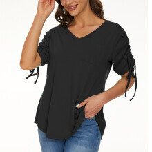 Bluse mit verstellbarem Kordelzug für Damen, lockerer und Oversize-Schnitt mit V-Ausschnitt, atmungsaktives, lässiges Kurzarm-Top mit V-Ausschnitt