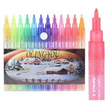 Glitter Paint Pens, 12 Colors Self-Outline Metallic Markers, Fine Point Tip Water-Based Ink DIY Crafts Greeting Cards