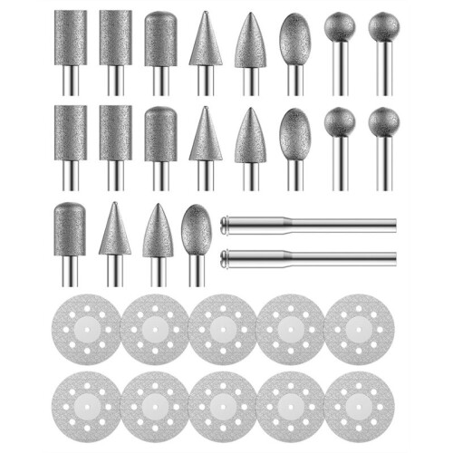 32Pcs Diamond Cutting Wheels and Grinding Bits Set 10Pcs Cutting Discs(22mm),3mm Mandrel,20Pcs Drill Bits