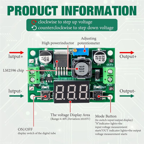 4-Pack LM2596S - Buck Converter with LED Voltmeter Display, Adjustable Step Down 4-40V to 1.25-37V 1