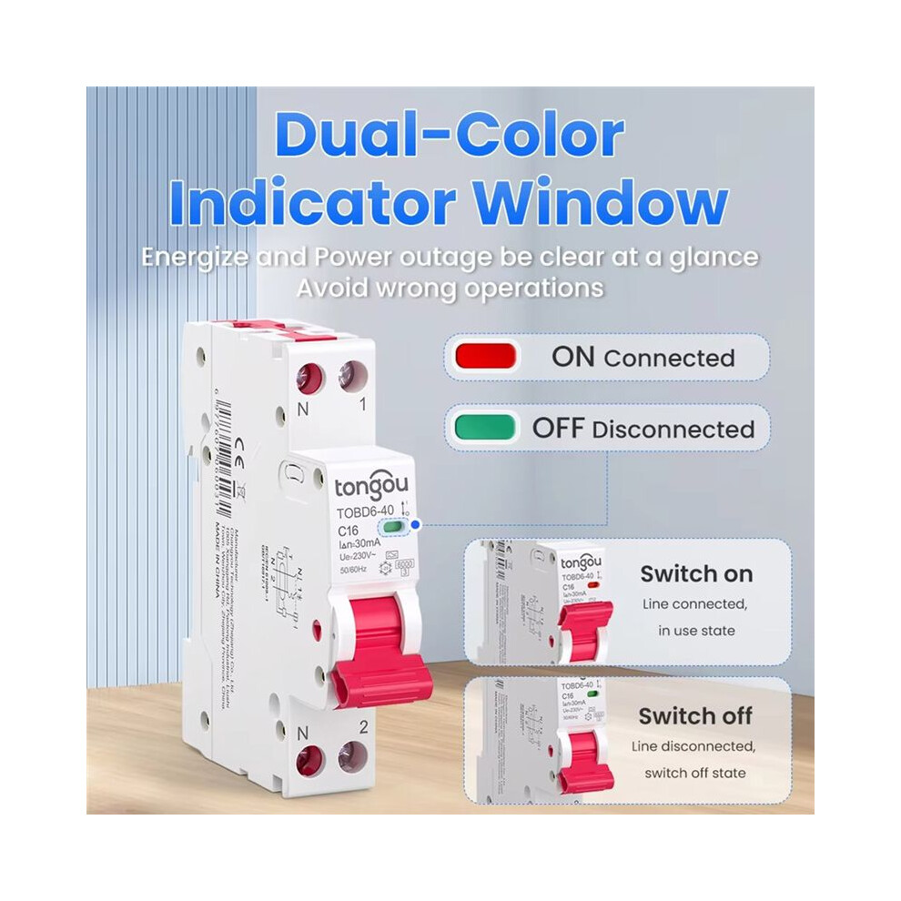Tongou Rcbo Type A 1P+N Dpn Residual Current Circuit Breaker 6Ka 30Ma,Curve B,18Mm Overcurrent & Leakage Protection 16A 6032093424603
