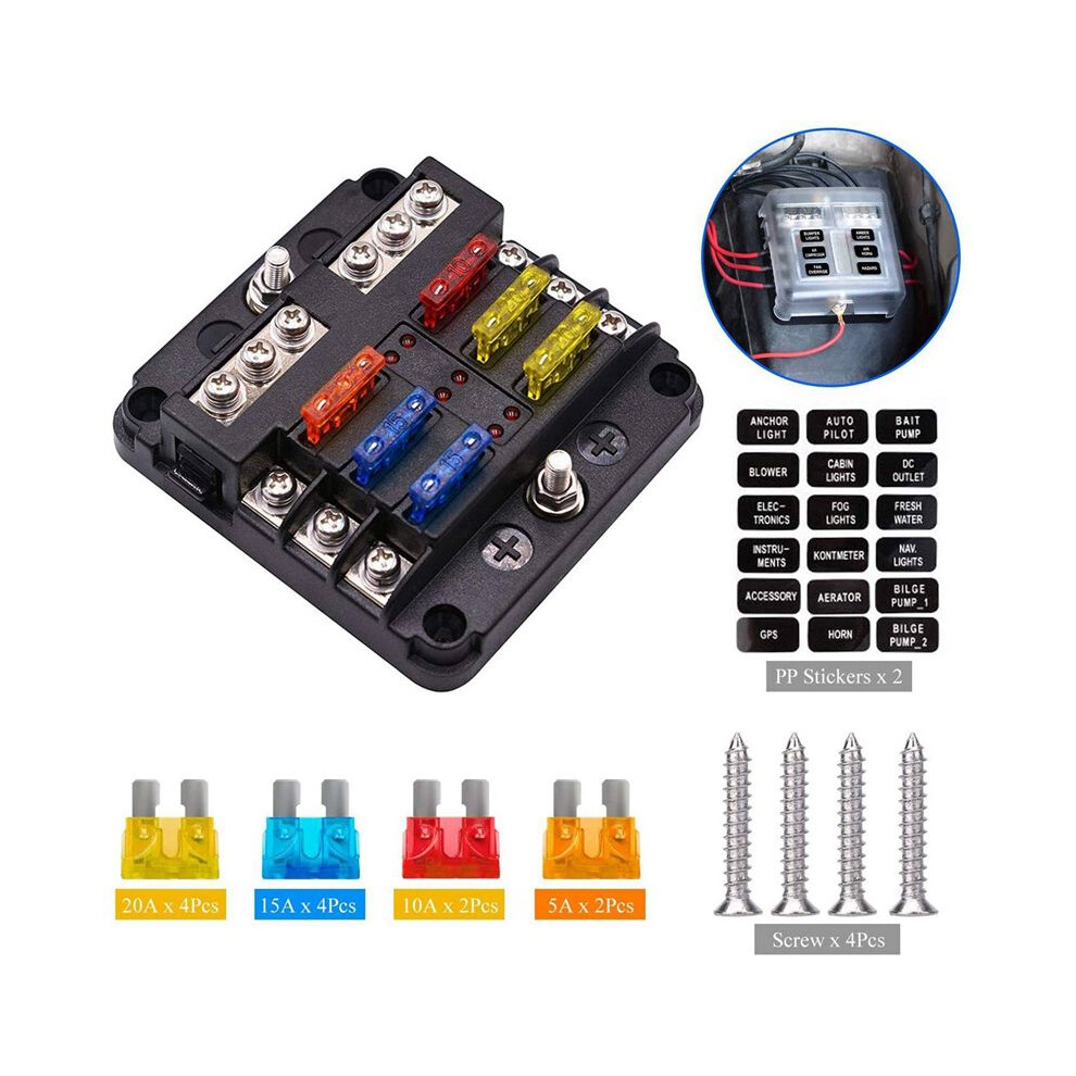 6X 6-Way Waterproof Fuse Block,With Led Indicator 12 Circuits With Negative Marine Fuse Box For 12/24V Car Rv Truck 6032819459018
