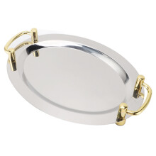 39cm Stainless Steel Serving Platter with Gold Handle for Restaurant Hotel