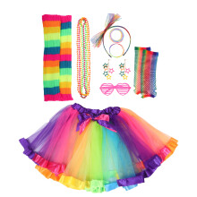 1Set 80S Costume Set Women Rainbow Tutu Skirt Fishnet Gloves