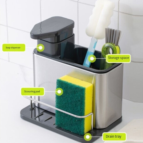 Kitchen Soap Distributor with Sink 3-In-1 Sponge Rack Kitchen Sink Tray Drainage Rack