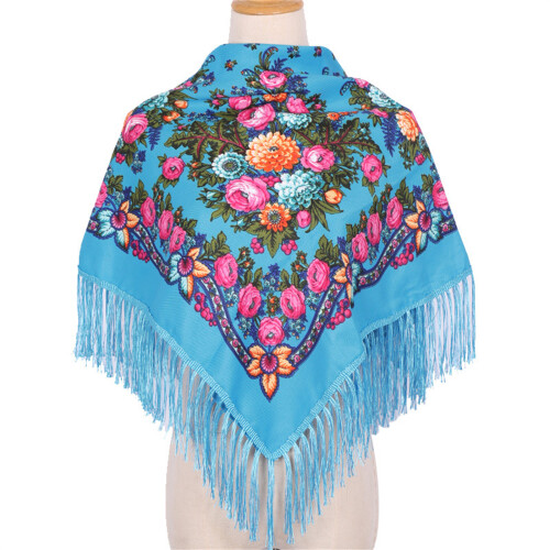 Flower Pattern Square Scarf With Tassels Trim-Sky Blue