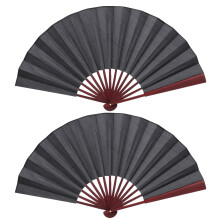 2Pcs DIY Bamboo Folding Fans Black Silk Cloth Handheld Portable Fans