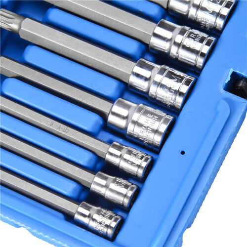 10 Piece 4 inch Spline Tip Bit Socket Set M-Type Universal Sleeve M4-M18 Triple Square Spline Bit Socket Set 1