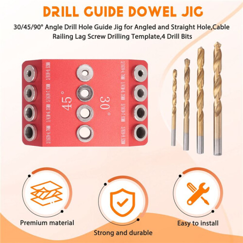 30/45/90 Angle Drill Hole Guide Jig for Angled and Straight Hole,Cable Railing Lag Screw Drilling Template,4 Drill Bits 1