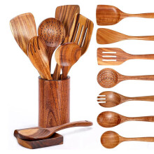 9 Cucharas de Madera para Cocinar, Utensilios de Madera para Cocinar con Soporte para Utensilios, Juego de Utensilios de Cocina de Madera de Teca