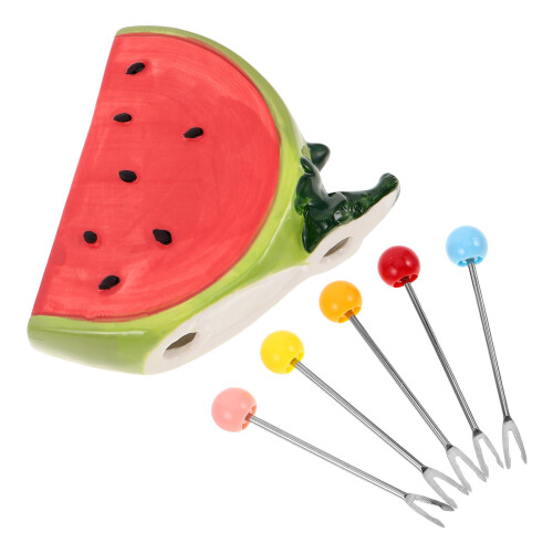 3Sets Stainless Steel Fruit Fork Set with Red Ceramic Holder for Party 1