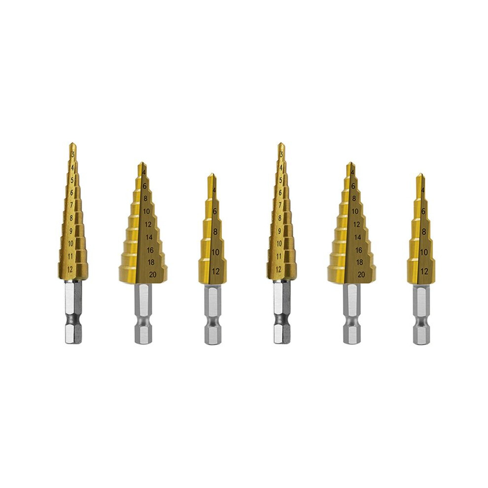 Step Drill Bit 6Pcs Hss Step Drill Bit Set Cone Hole Cutter Taper Metric Nitriding Hex Core Drill Bits Gold 4711262745245