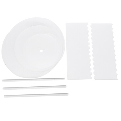 Acrylic Round Cake Disk Set - Cake Discs Circle Base Boards with Center Hole - 2 Comb Scrapers (4 Patterns) & Dowel Rod 1