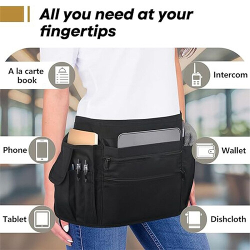 Waitress Server Apron with Multiple Pockets, Half Apron with Adjustable Belt for Waitress, Waiter, Women Men Server 1