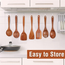9 Cucharas de Madera para Cocinar, Utensilios de Madera para Cocinar con Soporte para Utensilios, Juego de Utensilios de Cocina de Madera de Teca