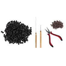 500 Pcs Black 5mm Silicone Lined Micro-Ring Beads & 1 Set of Hair Extension Tool Kit Clamp Hook Pull Pin