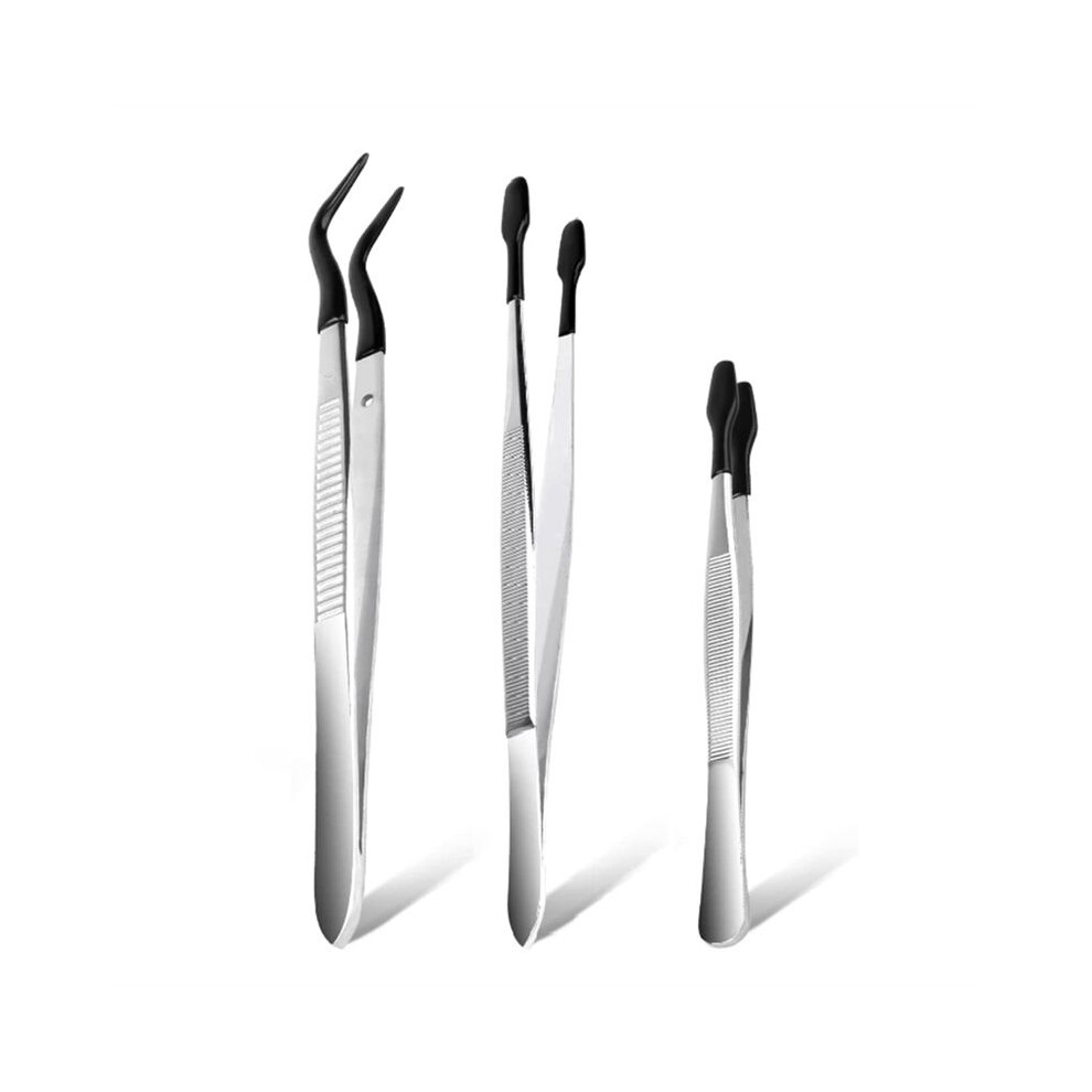 3 Pcs Tip Tweezers with Rubber, Non-Marring Silicone Tipped Tweezers Rubber Bent Tip Flat Tweezers, Lab Tweezers