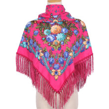 Flower Pattern Square Scarf With Tassels Trim-rose red