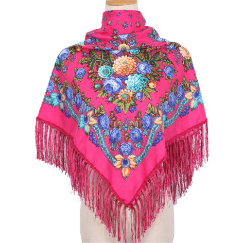 Flower Pattern Square Scarf With Tassels Trim-rose red