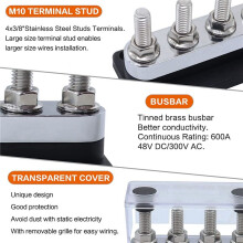 2X 600A Bus Bar 4-Stud (3/8 Inch) M10 High Current Copper Busbar Terminal Block Marine  12V 24V 48V with Cover(Black)