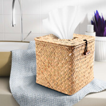 2 Pack Square Seagrass Facial Tissue Box - Decorative Woven Paper Holder Napkin Dispenser - Straw Tissue Box Cover