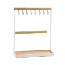 Jewelry Tree Stand Organizer, 3 Tier Table Top Necklace Holder with Jewelry Tray Base, White Metal and Wood Basic