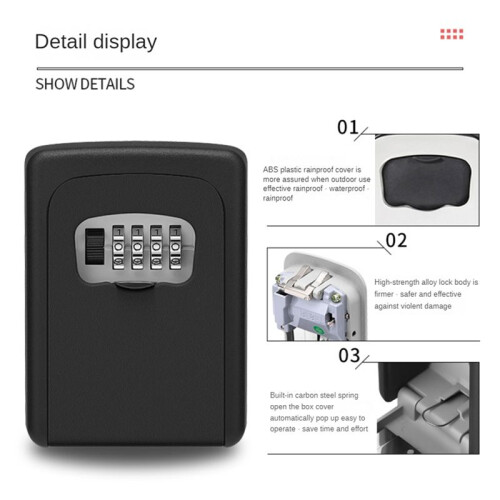 Wall Mount Key Lock Box,4 Position Outdoor Combination Lock Box, House Keys, Key Safe Secure Storage Lock Box,Black 2