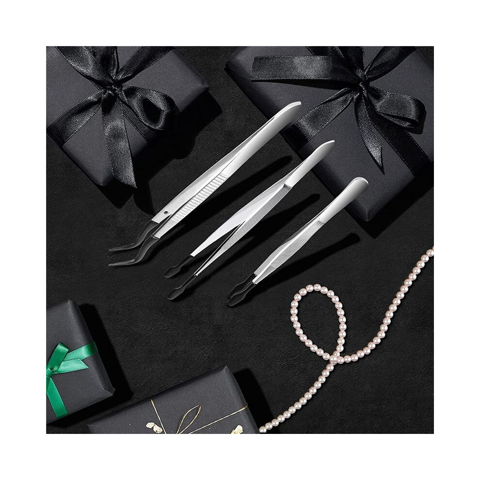 3 Pcs Tip Tweezers with Rubber, Non-Marring Silicone Tipped Tweezers Rubber Bent Tip Flat Tweezers, Lab Tweezers