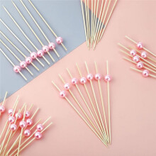 Cocktail-Sticks, Naturholz-Sticks mit Rosa Acrylperlen, Holz-Zahnstocher, Cocktail-Sticks, Essenssticks für Bar-Partys.