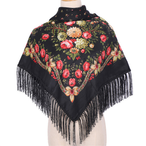 Flower Pattern Square Scarf With Tassels Trim Breathable-Black