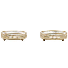 2x Golden Iron Jewelry Storage Tray Glass Mirror Makeup Manager Desktop Cosmetic Dessert Display Tray 25cm & 17.5cm
