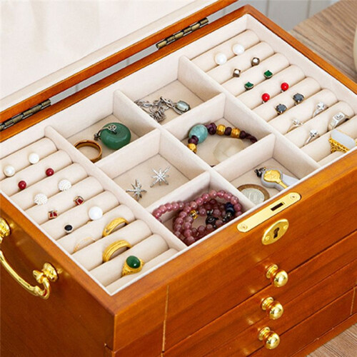 Vintage Solid Wood Jewelry Storage Box Metal Pull Ring Five-Layer Drawer Necklace Ring Earring Solid Wood Storage Box
