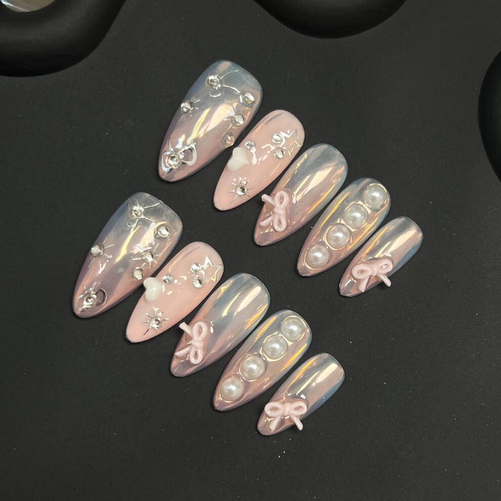 Hue-Grain (Xs) 10Pcs French Almond Press On Nails, Reusable Resin
