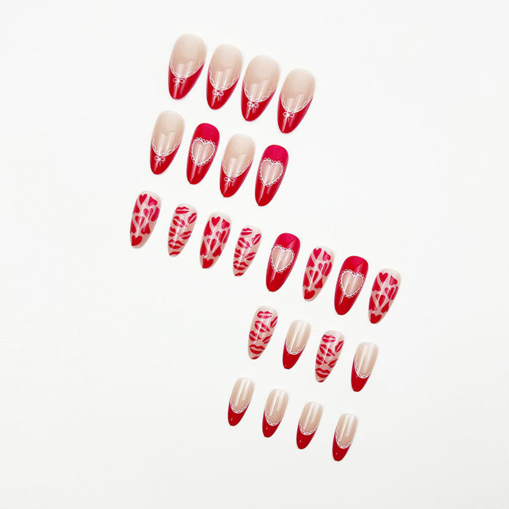 Dcph-Clothing 24Pcs Almond Press On Nails, Red Hearts & Bows, French Design