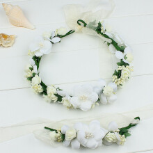 (Beige) Girls Lace Flower Hairband & Bracelet Set - Stage Prop