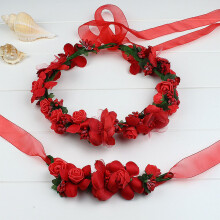 (Red) Girls Lace Flower Hairband & Bracelet Set - Stage Prop