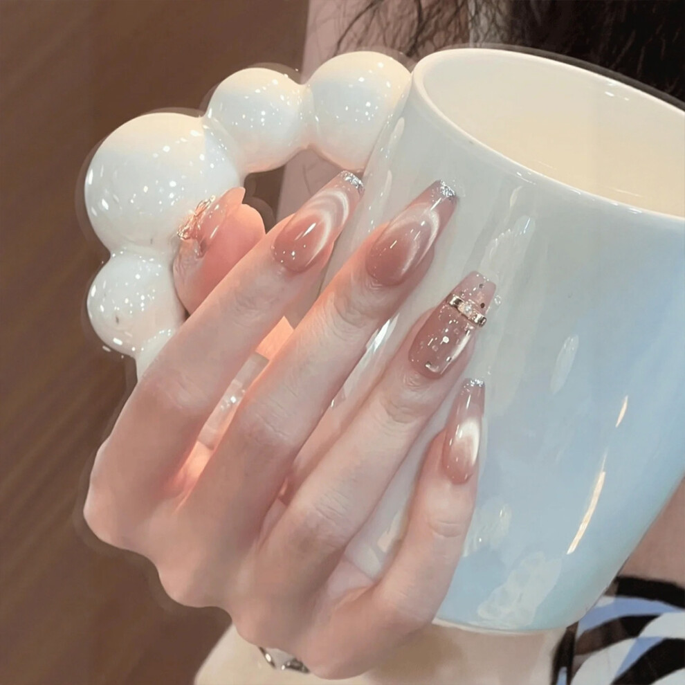 Penghui-Toys Pink (S) 10Pcs Cat Eye Fake Nails, French Tip, Odorless