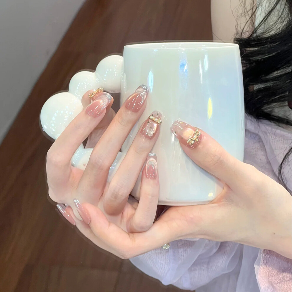 Penghui-Toys Pink (L) 10Pcs Cat Eye Fake Nails, French Tip, Odorless
