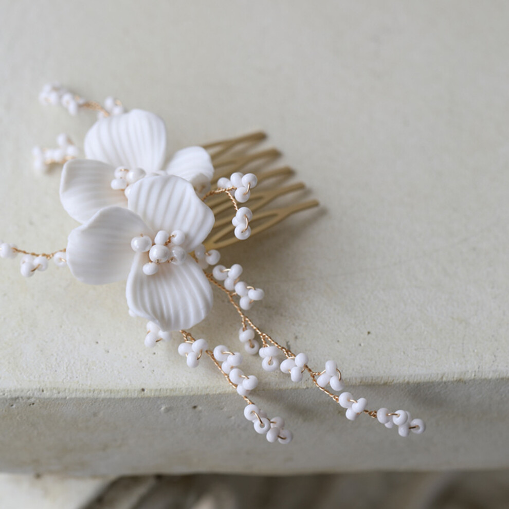 Creation-3C (Gold) Ceramic Flower Hair Comb With White Beads