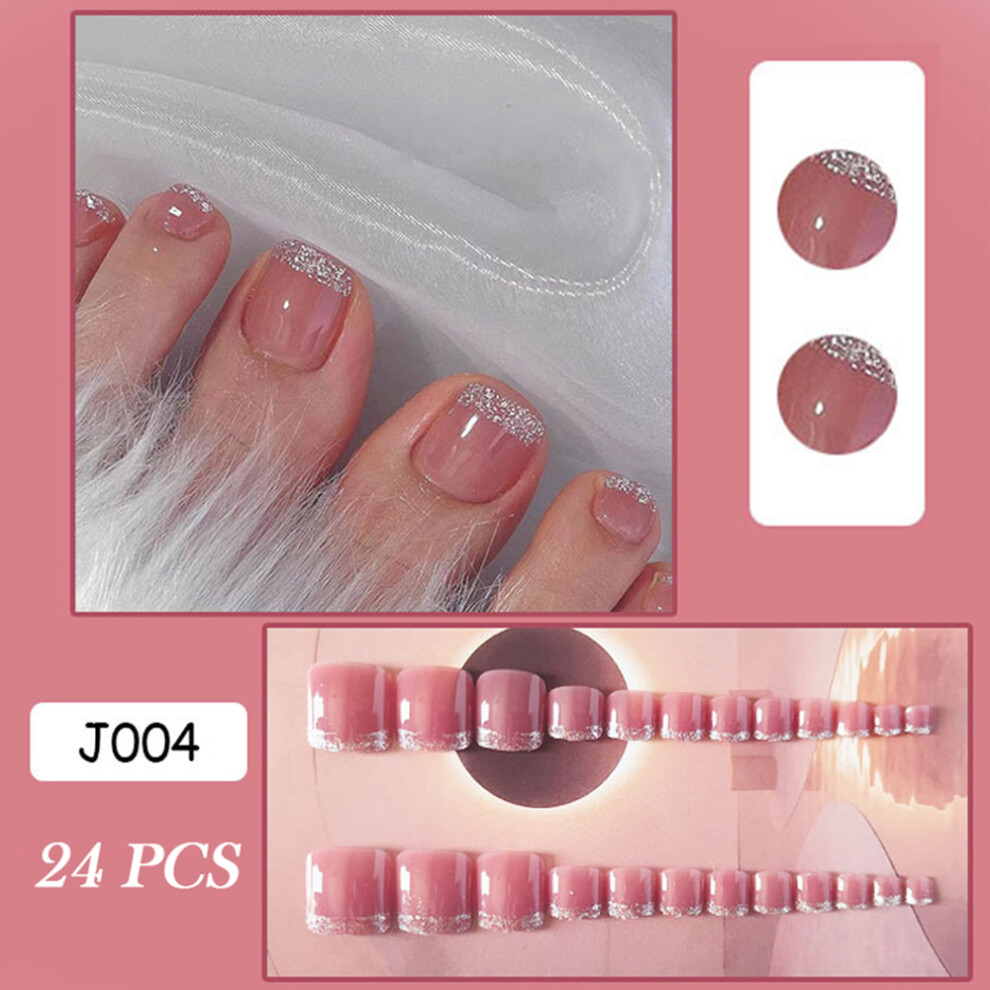 Dachuang Beauty Pink/Silver (Jelly Glue Model) French False Toe Nails 24Pcs W/ Shimmer