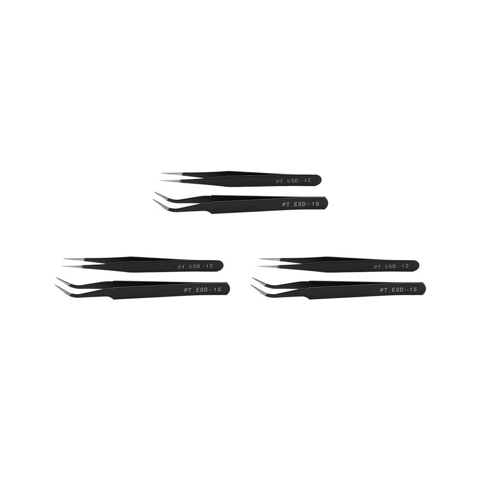 6X Nail Art Rhinestones Eyelashes Extension Straight & Curved Tweezers Tool Set-Black