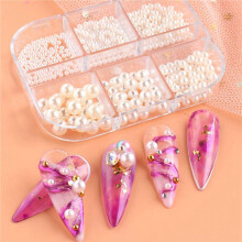 2Box Pearl Decorations Nail Charms White Round Nail Parts Gold Steel Beads Balls Jewelry Nail Art Accessories Color:ZZ13