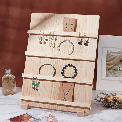 2X 4-Tier Wooden Earring Display Stand,with Slots Rustic Earring Display Card Holder 2